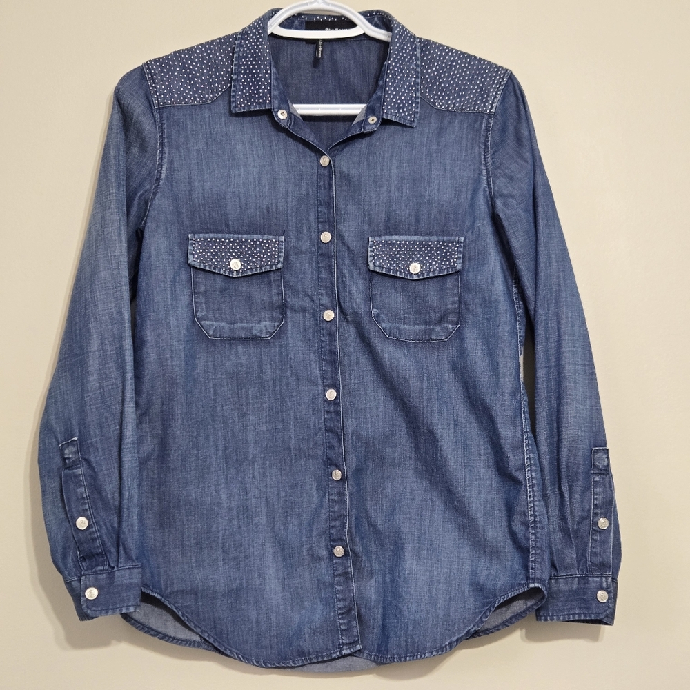 The Kooples Women's Studded Snap Buttons Blue Denim Western Skull Shirt XS